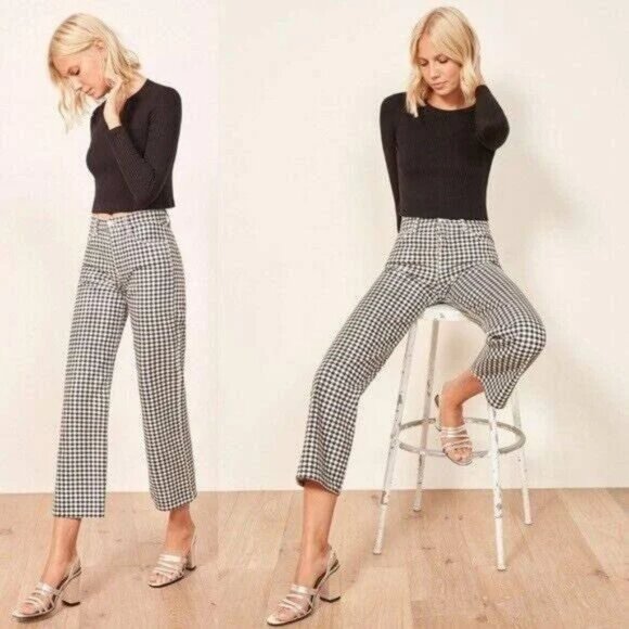 Reformation Fawcett High Waist Cropped Wide Leg Gingham Black White Jeans - Picture 2 of 5